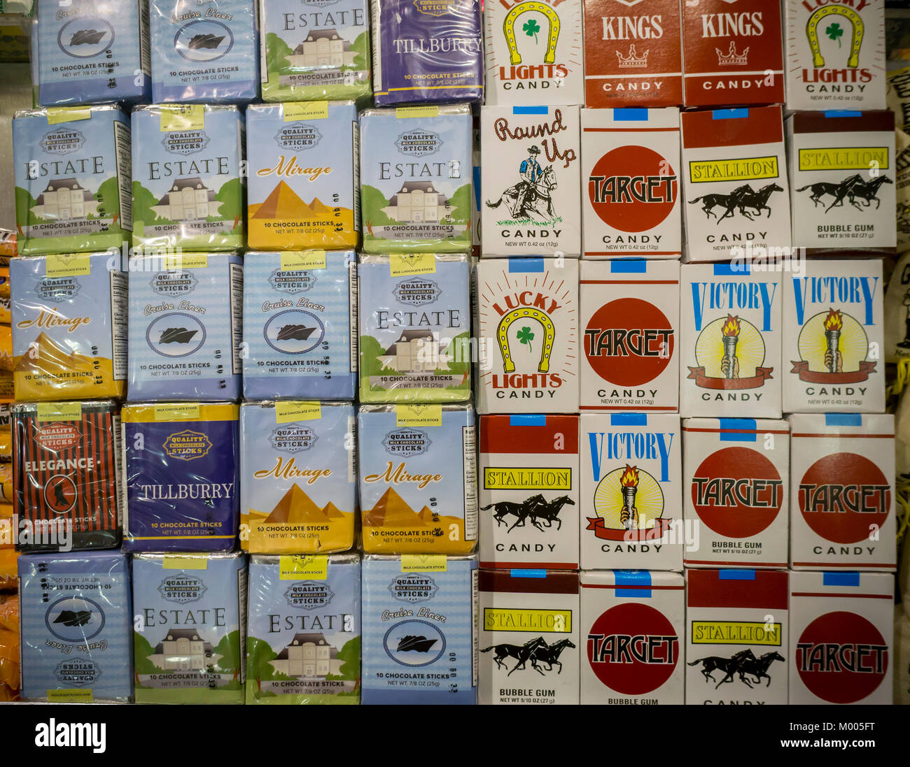 A selection of candy cigarettes in a store in New York on Tuesday, January 16, 2018. Many anti-smoking activists believe that the faux tobacco products desensitizes children, leading them to become smokers. (Â© Richard B. Levine) Stock Photo