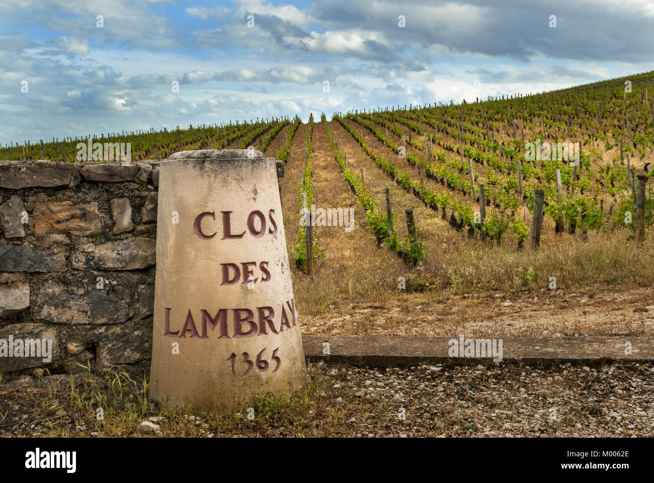 Clos des Lambrays Grand Cru vineyard stone pillar at boundary Morey-St-Denis, Côte d'Or, France. [Côte de Nuits Grand Cru] Stock Photo