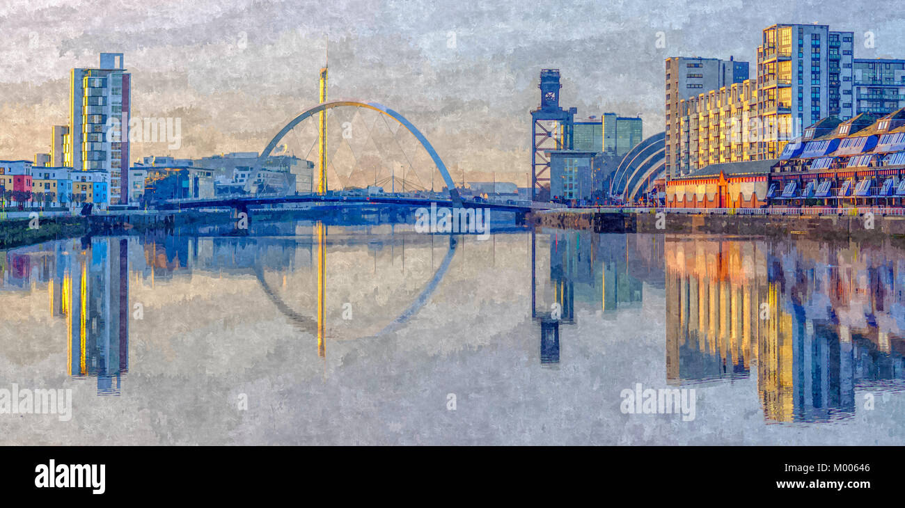 Oil painting of the Clyde Arc road bridge spanning the River Clyde in Glasgow, Scotland Stock Photo