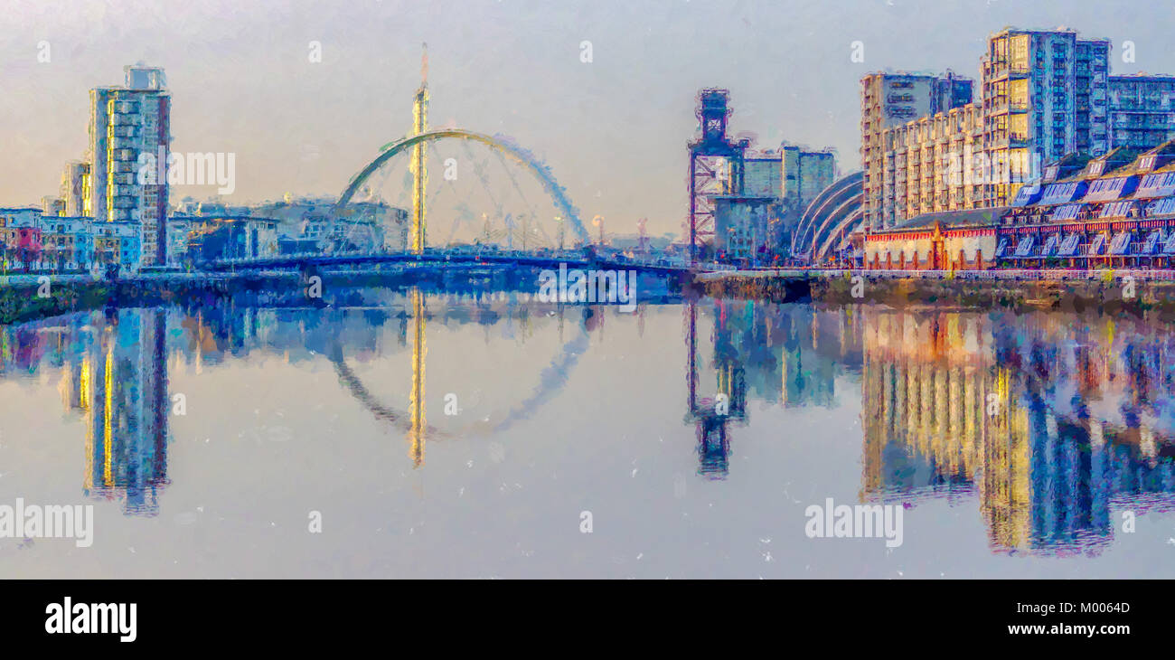 Illustration of the Clyde Arc road bridge spanning the River Clyde in Glasgow, Scotland Stock Photo