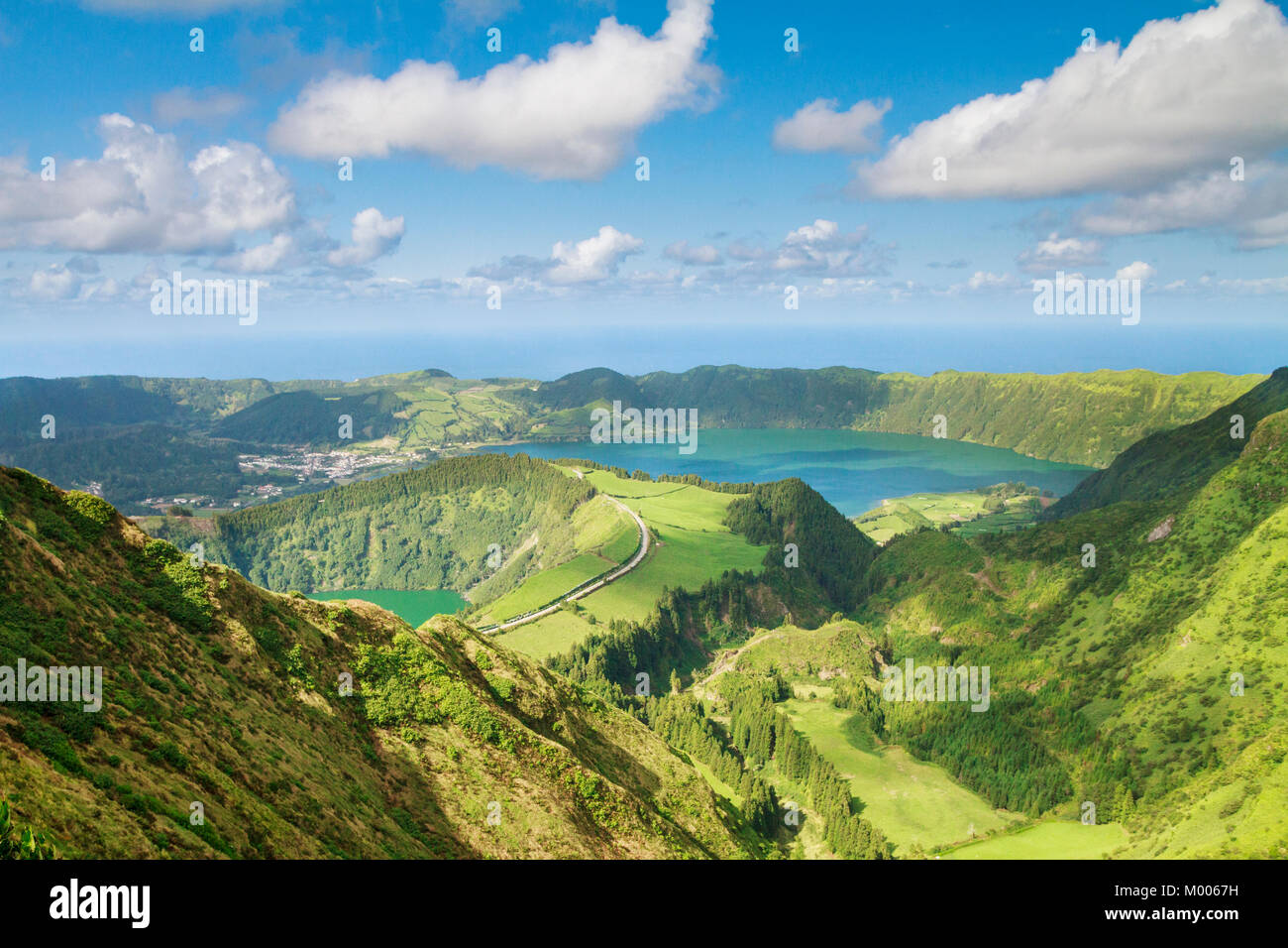 Stunning view from the Miradouro Boca do Inferno of Sete Cidades lakes, with Lagoa Santiago in the foreground and Lagoa Azul on the right in Sao Miguel Stock Photo