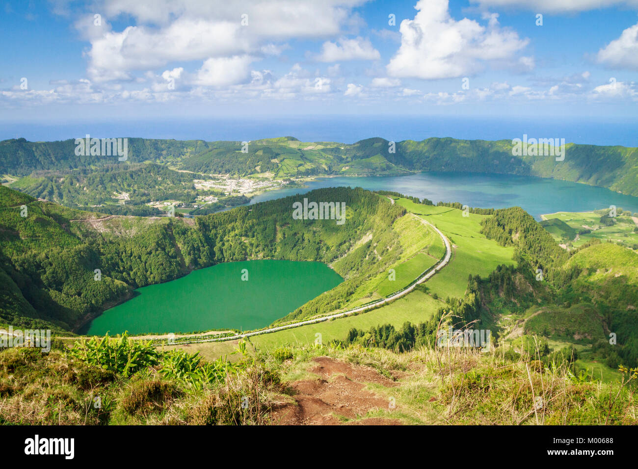 Stunning view from the Miradouro Boca do Inferno of Sete Cidades lakes, with Lagoa Santiago in the foreground and Lagoa Azul on the right in Sao Miguel Stock Photo