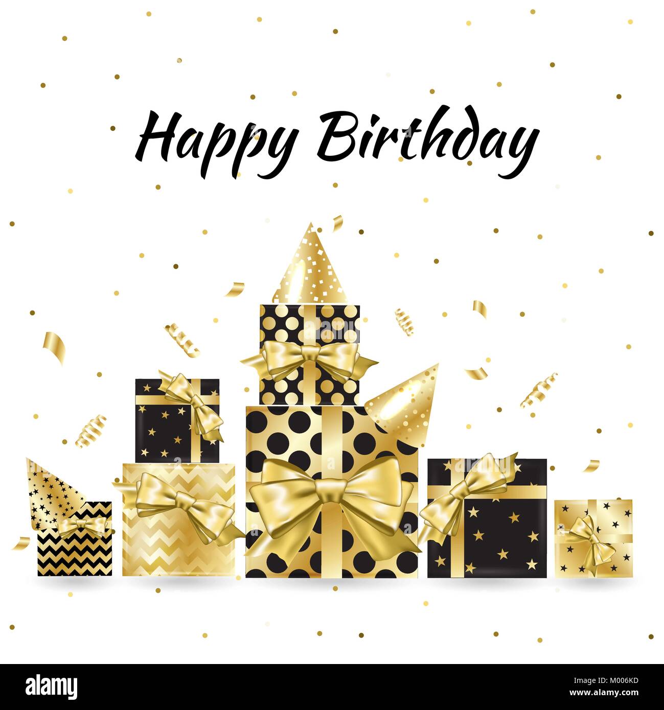 Gold gift boxes and confetti on black background. Birthday template. Stock Vector