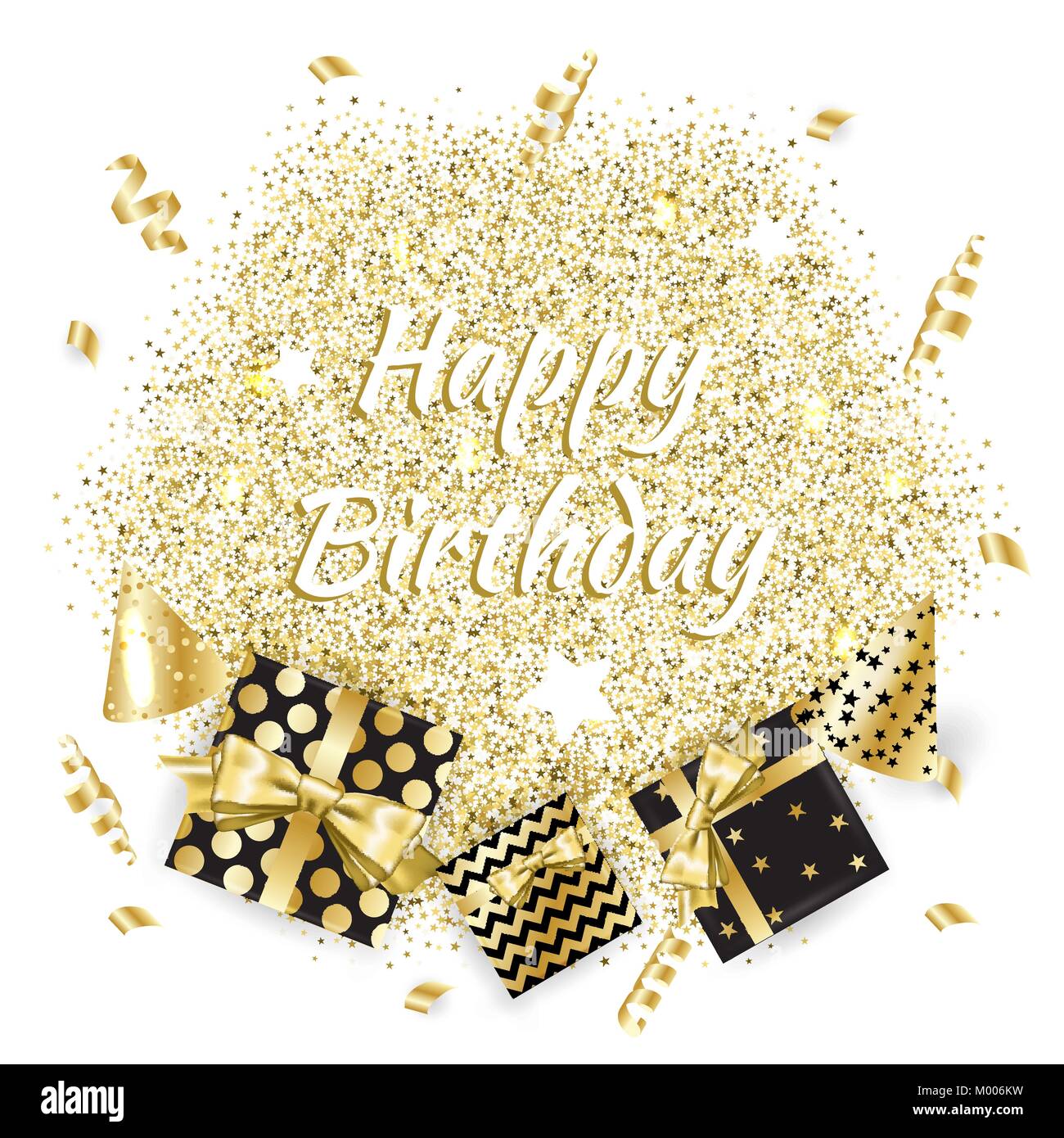 Gold gift boxes and confetti on black background. Birthday template. Stock Vector