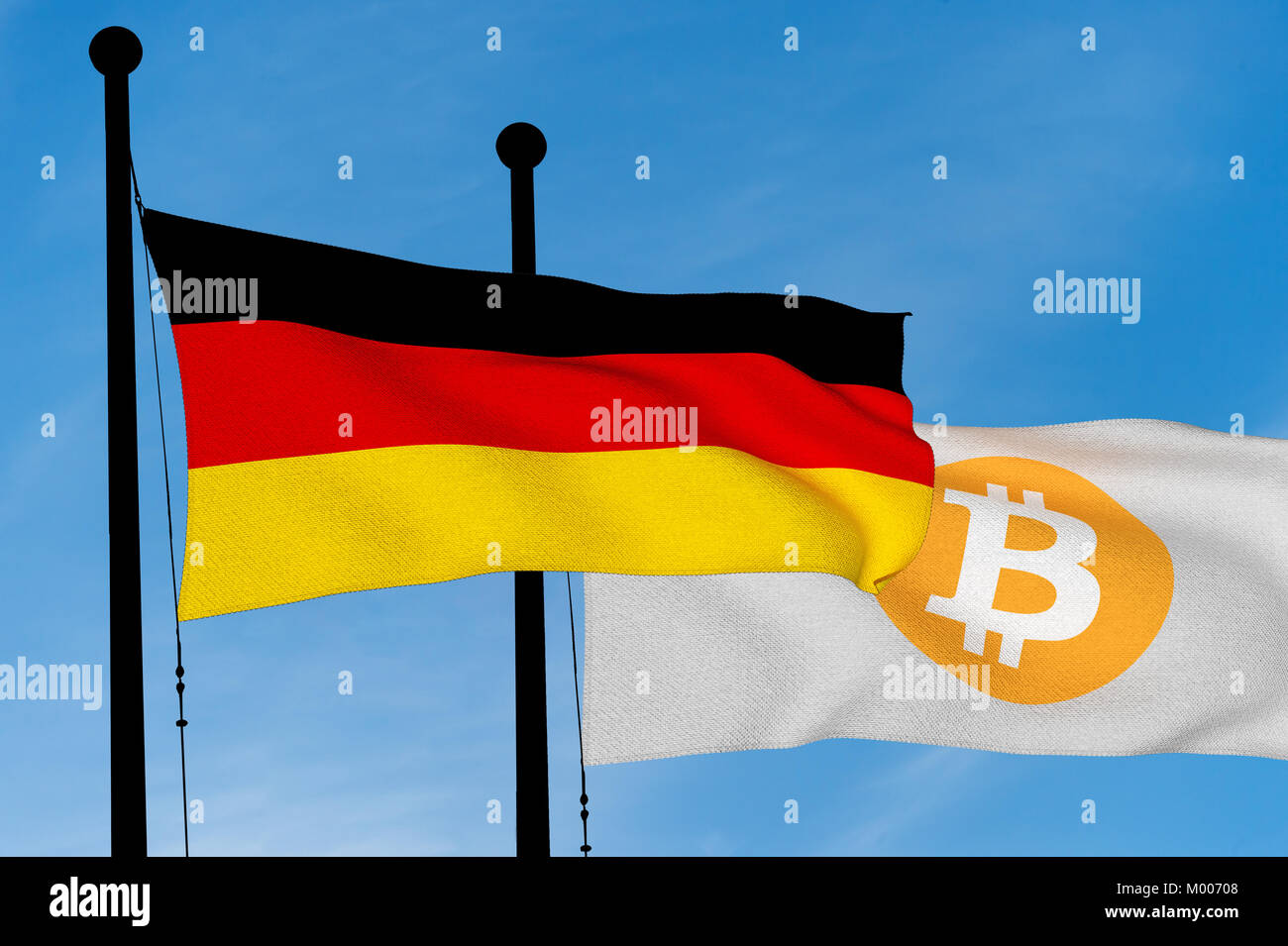 German flag and Bitcoin Flag waving over blue sky (3D rendering) Stock Photo