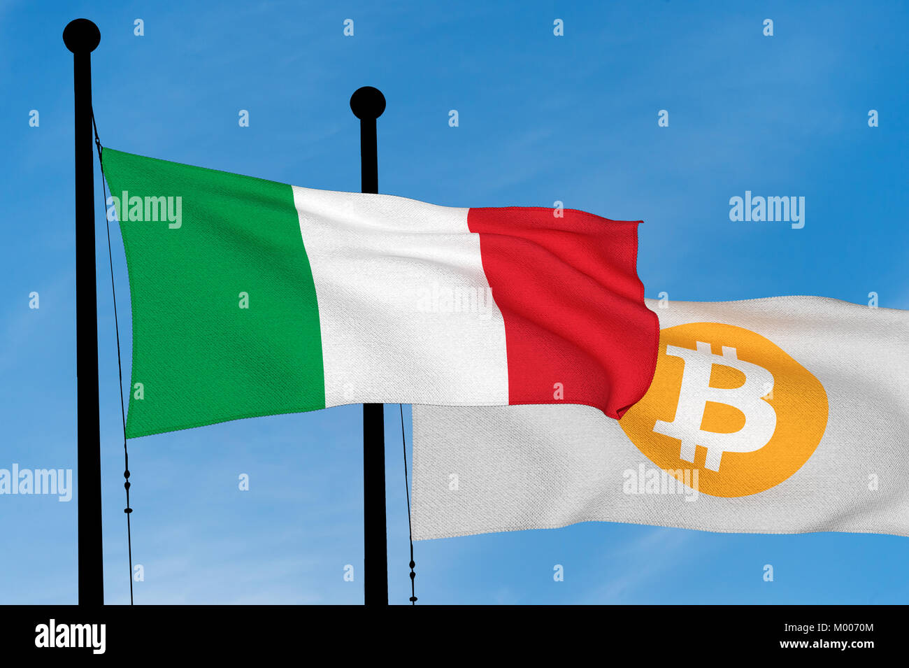 Italian flag and Bitcoin Flag waving over blue sky (3D rendering) Stock Photo