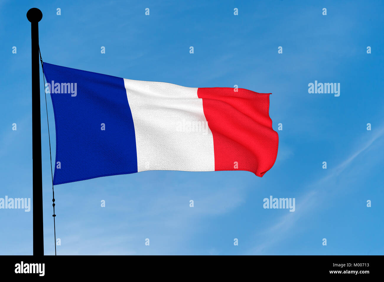 French Flag waving over blue sky (3D rendering) Stock Photo