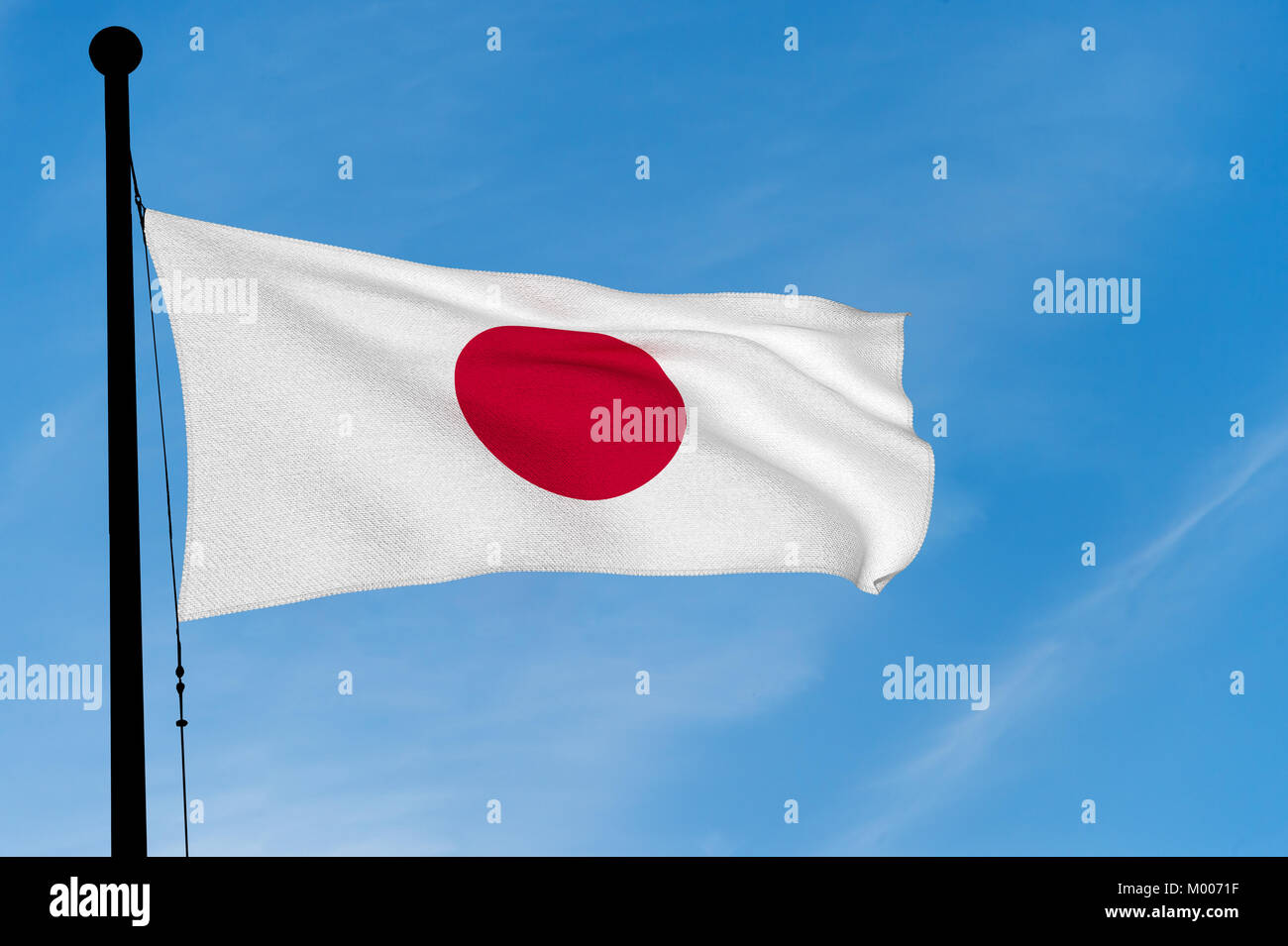 Japan Flag waving over blue sky (3D rendering) Stock Photo