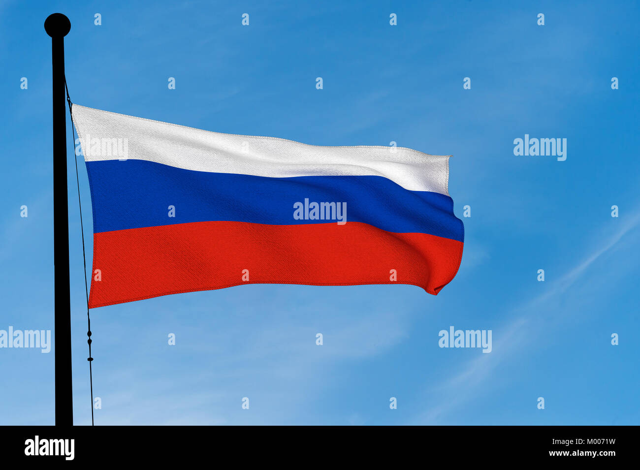 Russia Flag waving over blue sky (3D rendering) Stock Photo