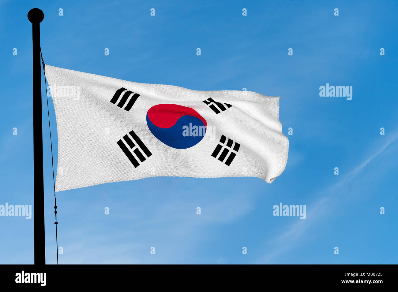 South Korea Flag waving over blue sky (3D rendering) Stock Photo