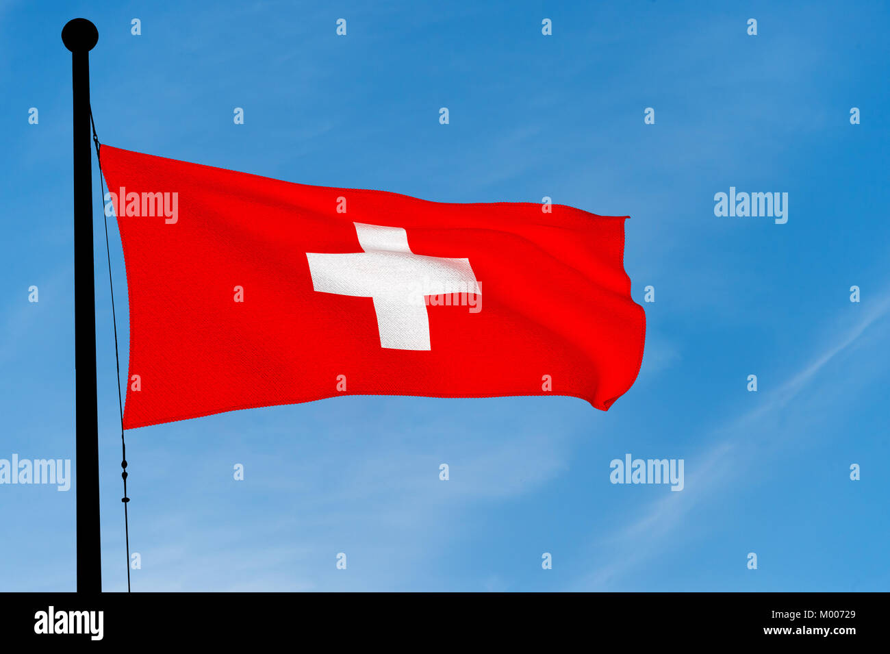 Swiss Flag waving over blue sky (3D rendering) Stock Photo