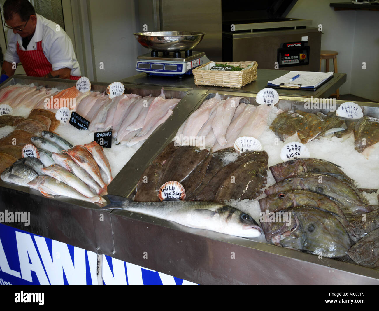 Freshly caught fish at a fishmongers in Newlyn, Cornwall. Stock Photo