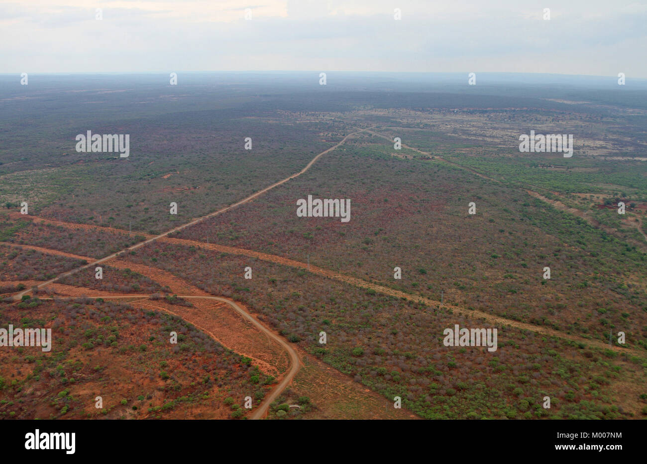 Aerial view of landscape savannah and dirt roads near Victoria Falls, Mosi-Oa-Tunya, Zimbabwe. Stock Photo