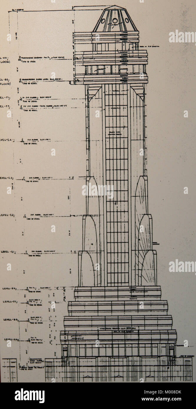 Cross-section architectural labelled drawing of The Empire State Building, New York City, New York State, USA. Stock Photo