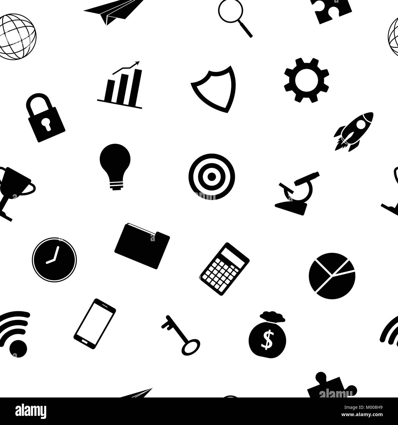 Vector Illustration Business Icons Silhouette Seamless Pattern Background Designed as Multiple Objects Involved In Work, Startup, Finance. Stock Vector