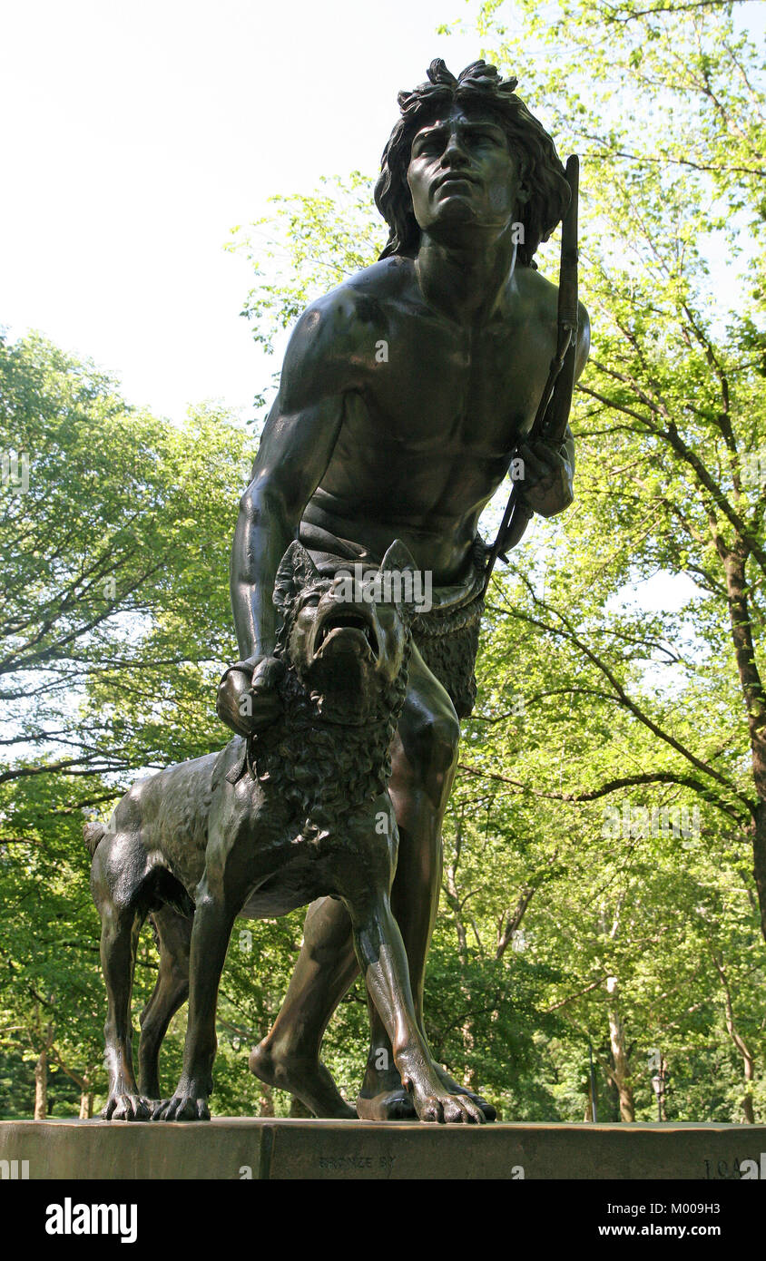 Red Indian Hunter Statue by John Quincy Adams Ward, Central Park, New York City, New York State, USA. Stock Photo