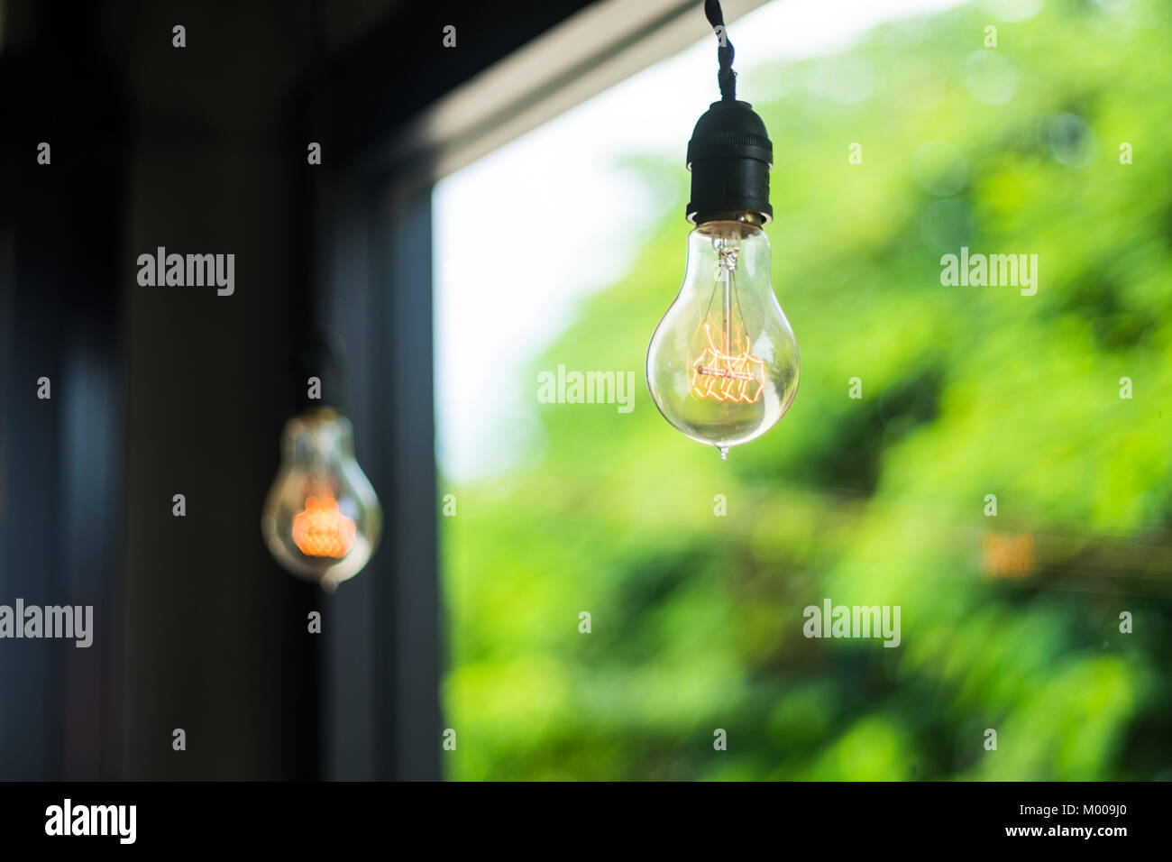 Incandescent light bulbs hanging on the interior ceiling, selective