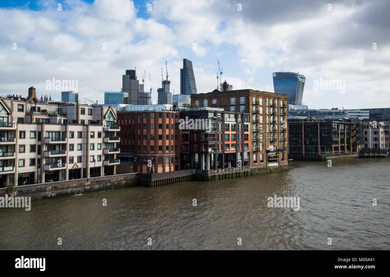 New and modern apartment buildings along bank of the river Thames in the City of London, 2017 Stock Photo