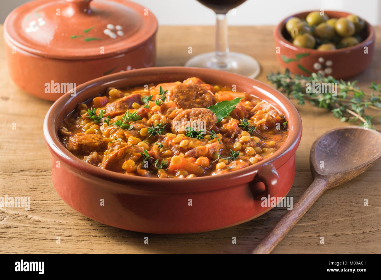 Lentejas a la Riojana. Spanish lentil stew. Food Spain Stock Photo