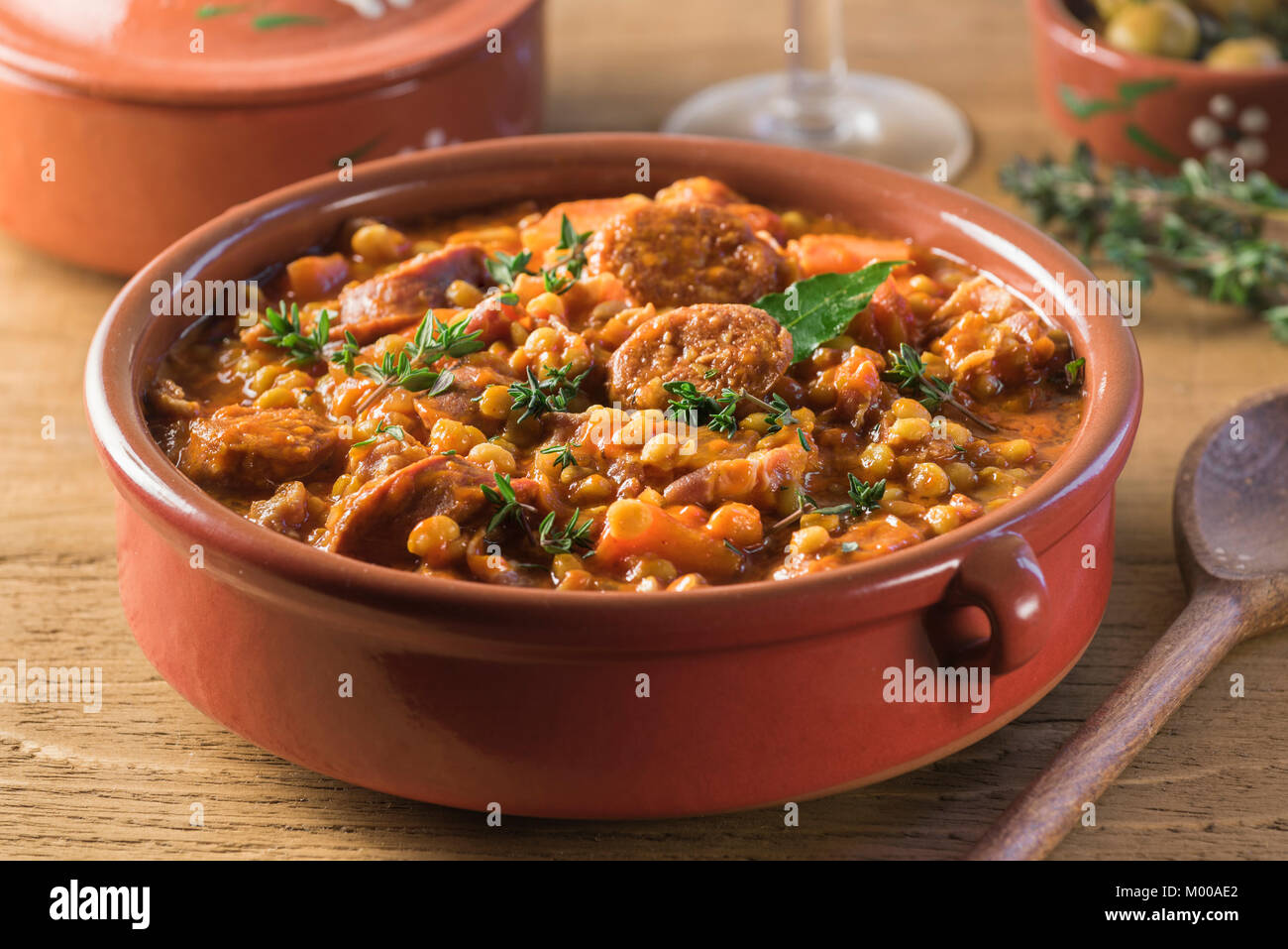 Lentejas a la Riojana. Spanish lentil stew. Food Spain Stock Photo