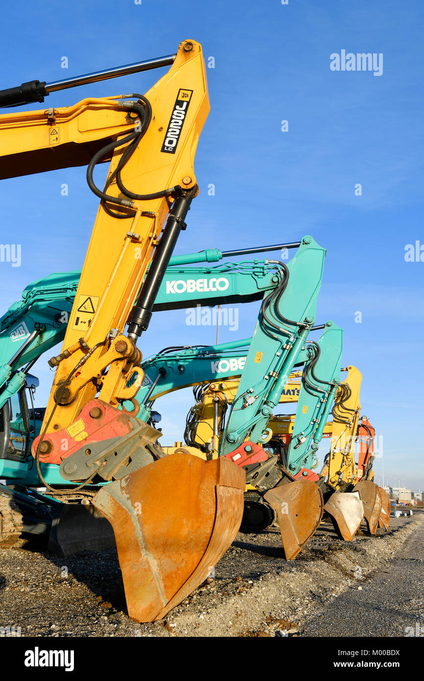 excavator, construction machines, machines, caterpillar, bulldozer, truck,sett, workings, building, building site, construction site, Airport, Munich, Stock Photo