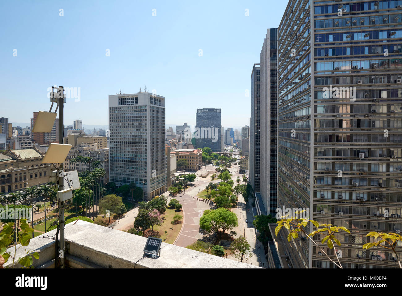 Aerial view of Sao Paulo city, offices buildings, residential buildings and Sao Paulo municipal Theater in downtown, Brazil. Stock Photo
