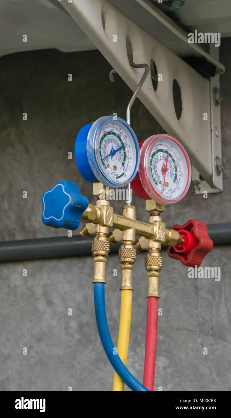 manometers measuring equipment for filling air conditioners Stock Photo