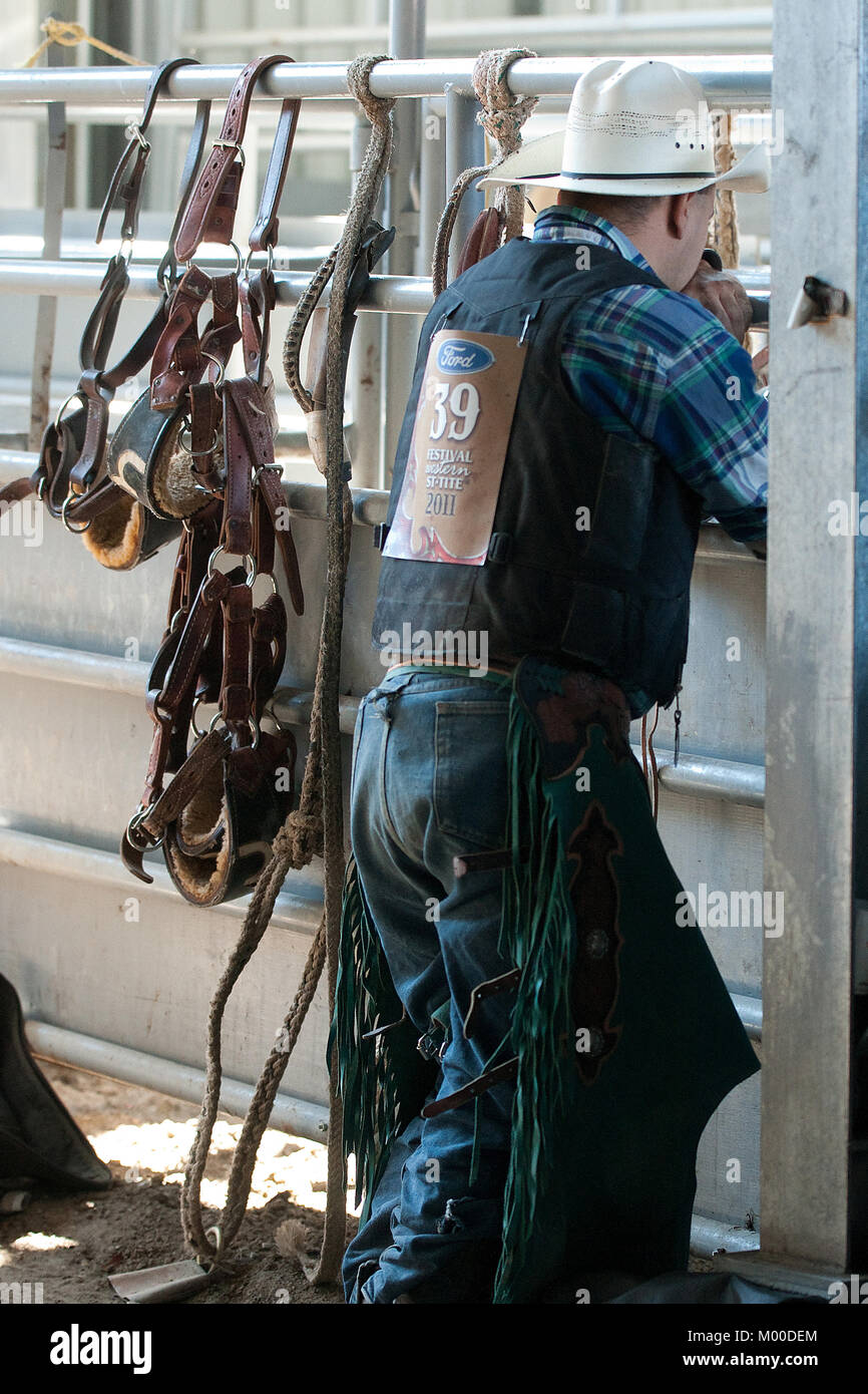 St-Tite, Canada, September 10, 2011.Cowboy waiting for his turn during one the competitions at the St-Tite Western Festival.Credit:Mario Beauregard/Al Stock Photo