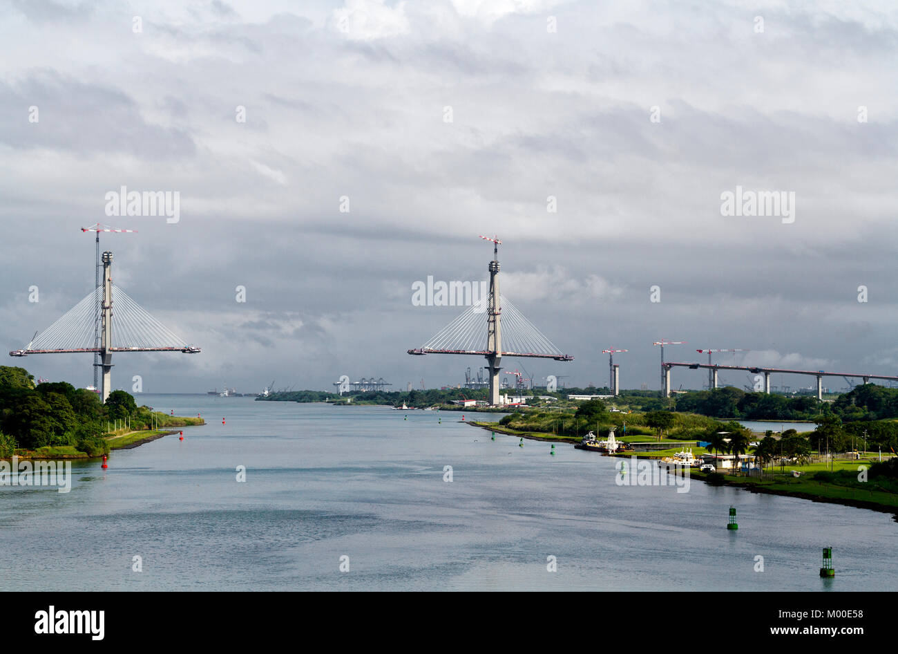 The new Atlantic Bridge being built in Colon, outside the Panama Canal. Seen from the entrance of the Canal at Gatun Locks. December 2017. Stock Photo