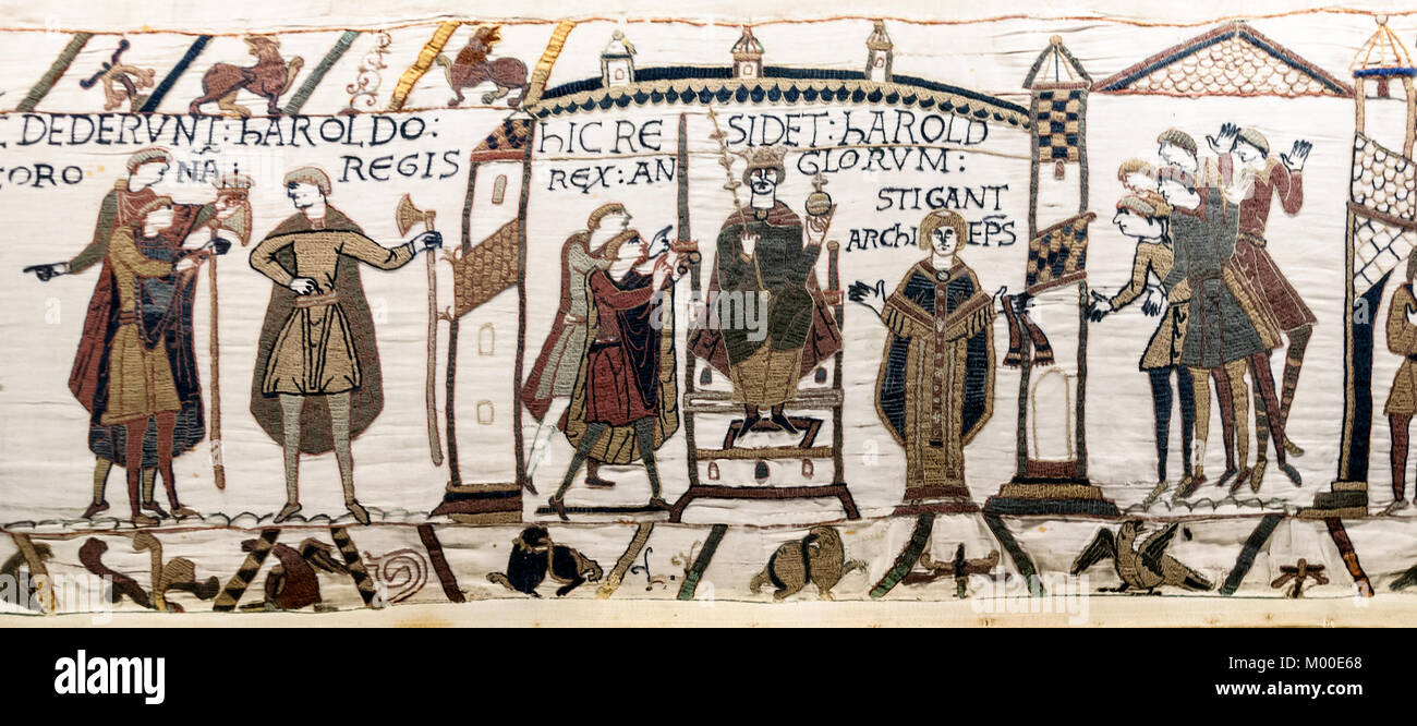 Bayeux Tapestry, A segment of the Bayeux Tapestry, Coronation of Harold Stock Photo