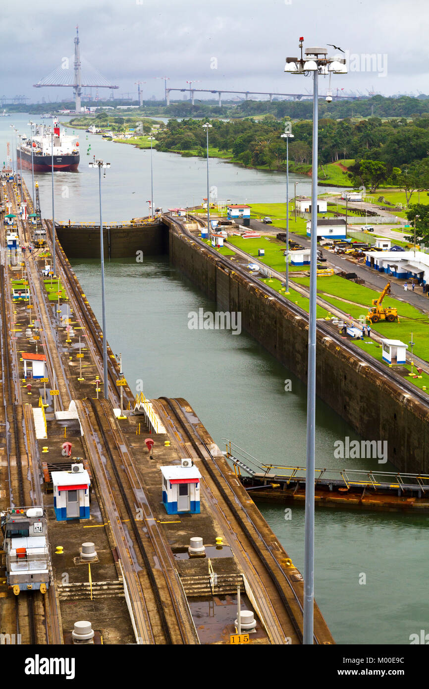 Transiting Panama Canal. Part of a series: Image 3 of 7. Looking back at Gatun Locks entrance towards the Caribbean side. Photo from ship inside locks Stock Photo