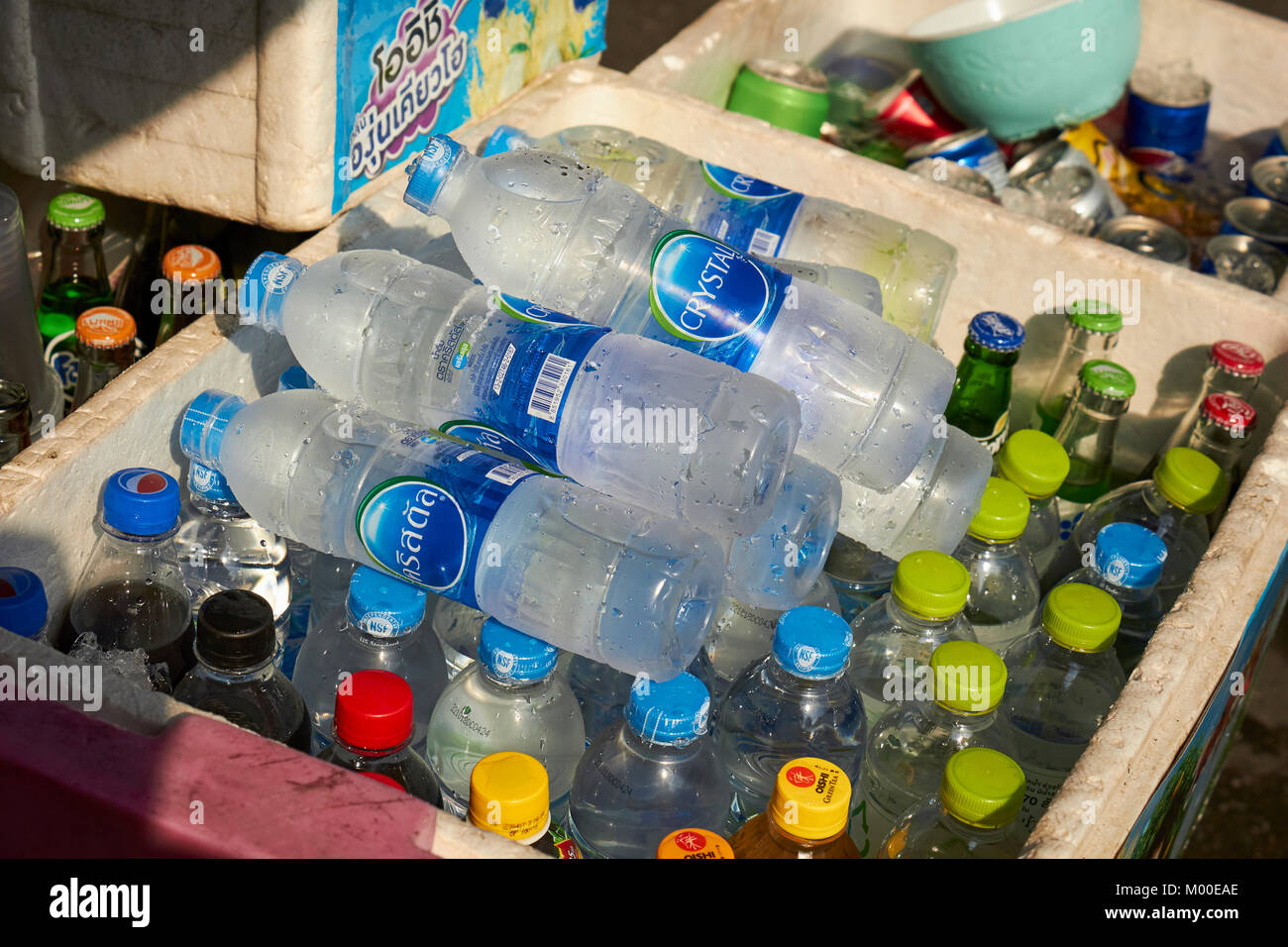 a cooler with bottled water and cold drinks, Bangkok, Thailand Stock Photo