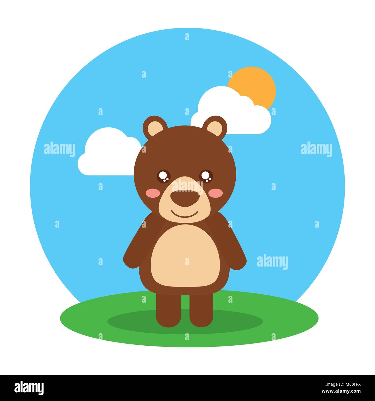 cute animal baby bear standing in field clouds and sun Stock Vector