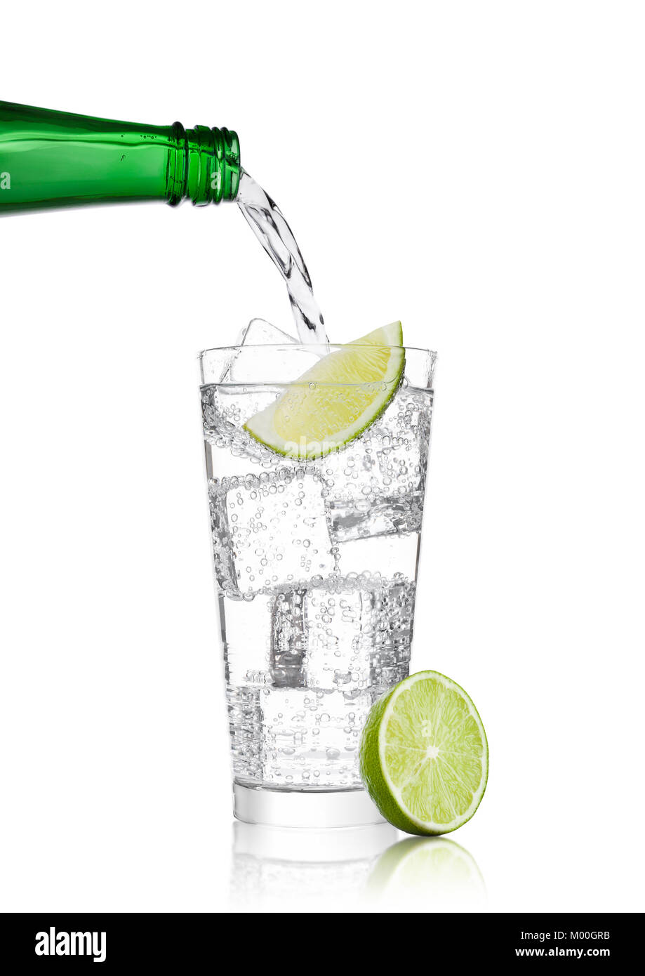Pouring lemonade soda drink sparkling water from bottle to glass with lime  Stock Photo - Alamy