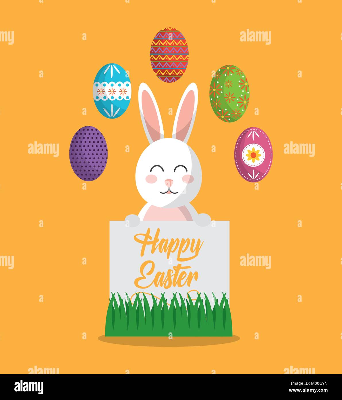 happy easter smiling rabbit with poster and colored eggs Stock Vector ...