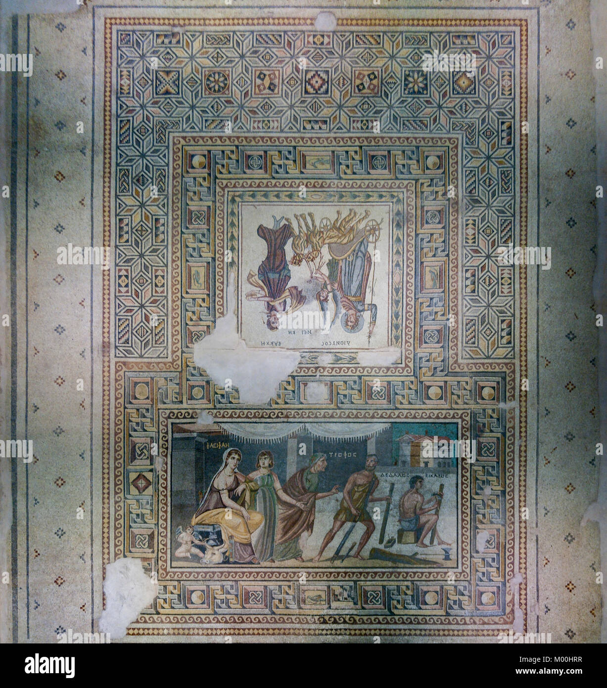Pasiphaë and Daedalus, Dionysos Bacchus on a chariot, Gaziantep Zeugma Mosaic Museum, Gaziantep, Southeastern Anatolia Region of Turkey Stock Photo