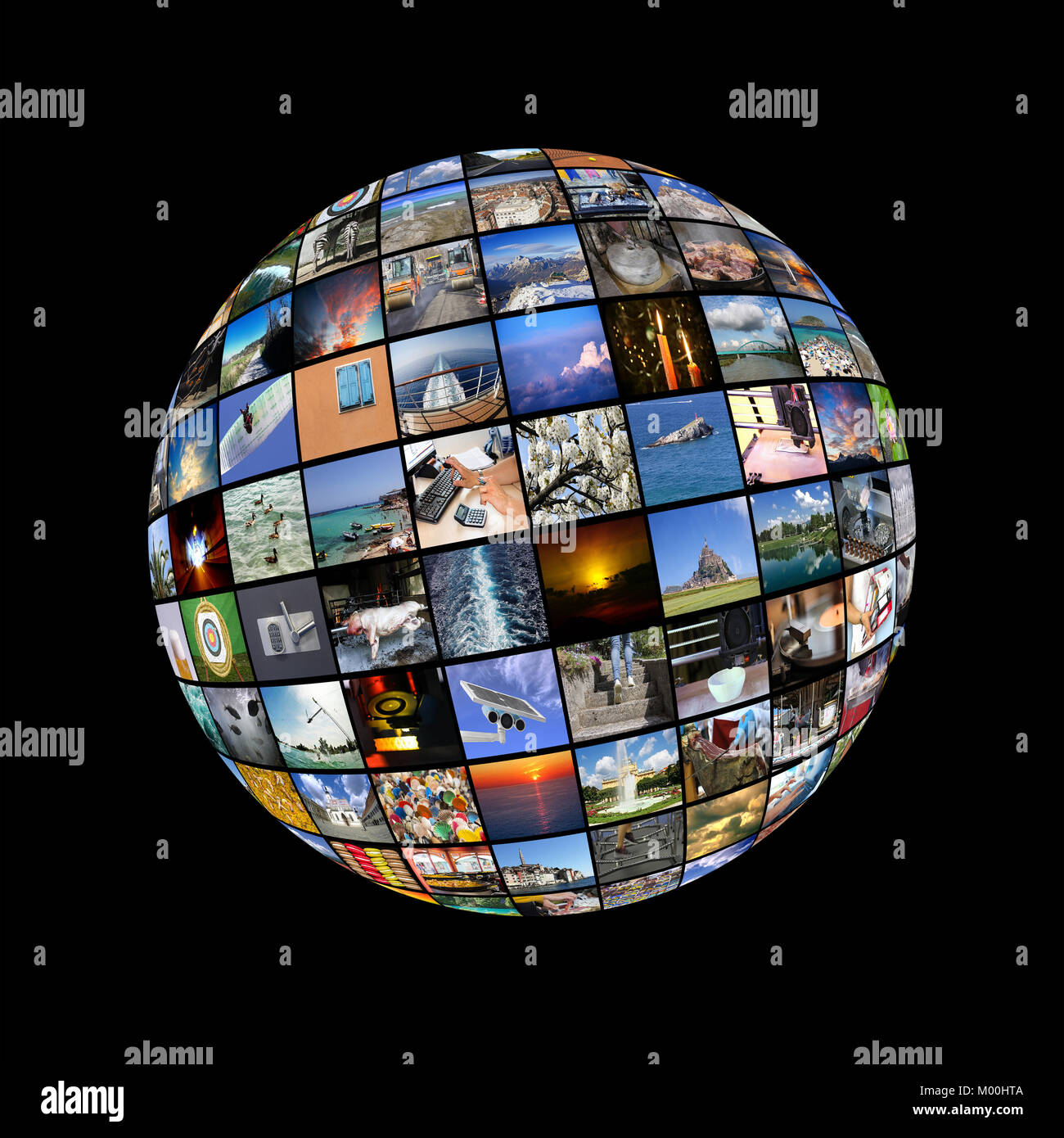 Big Multimedia Video Wall Sphere at tv screens showing living in the world Stock Photo