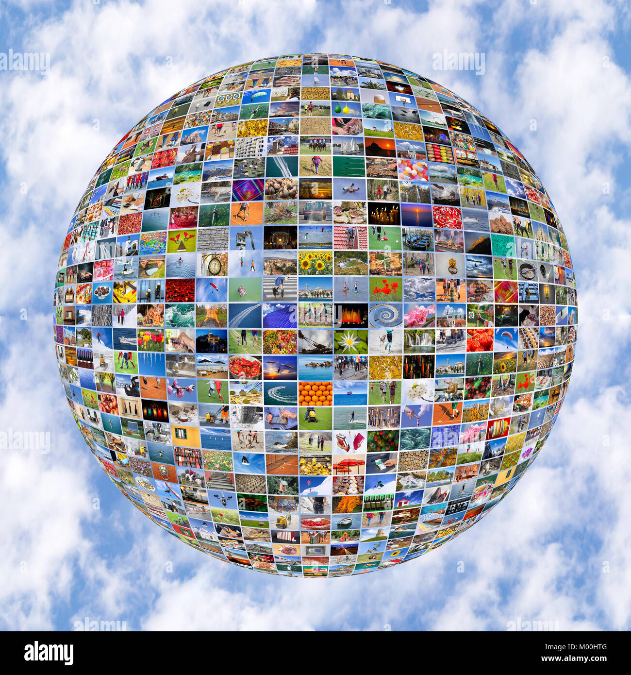 Big Multimedia Video Wall Sphere at tv screens showing living in the world Stock Photo