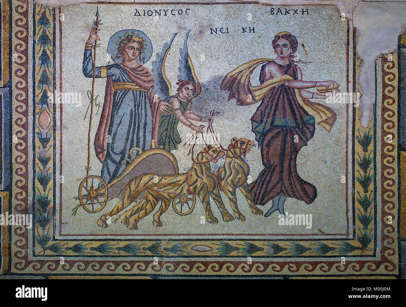 Dionysos Bacchus on a chariot, floor mosaic from Zeugma, Gaziantep Zeugma Mosaic Museum, Gaziantep, Southeastern Anatolia Region of Turkey Stock Photo