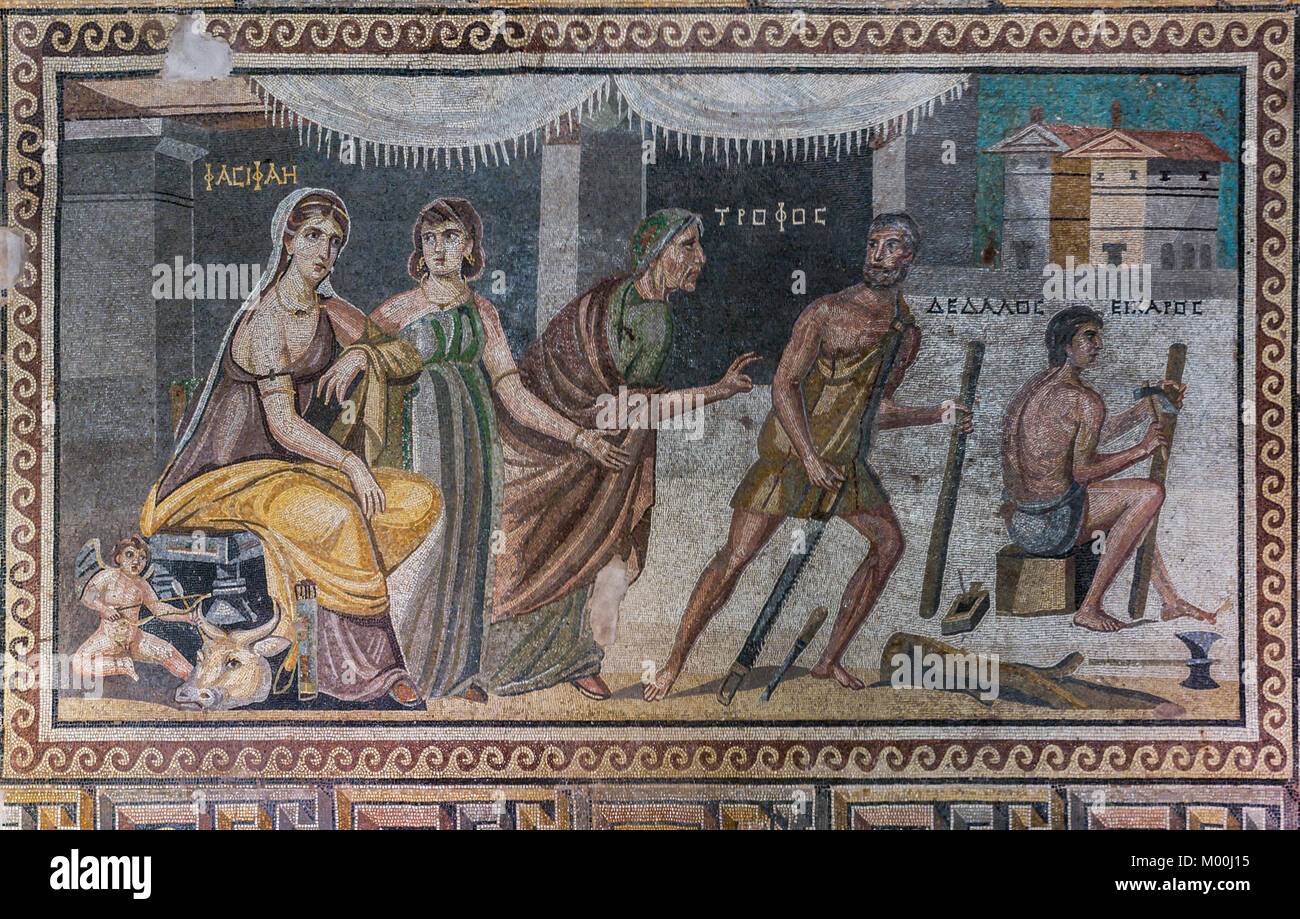 Pasiphaë and Daedalus, floor mosaic from Zeugma, Gaziantep Zeugma Mosaic Museum, Gaziantep, Southeastern Anatolia Region of Turkey Stock Photo
