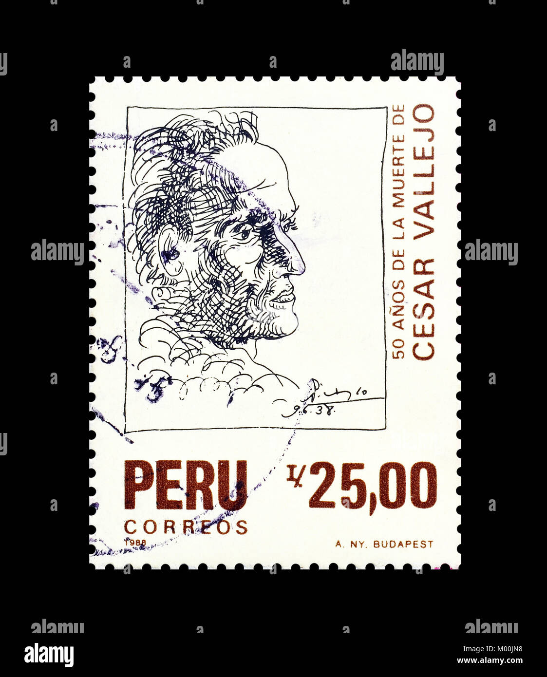 Cancelled postage stamp printed by Peru, that shows portrait of Cesar Vallejo, circa 1988. Stock Photo
