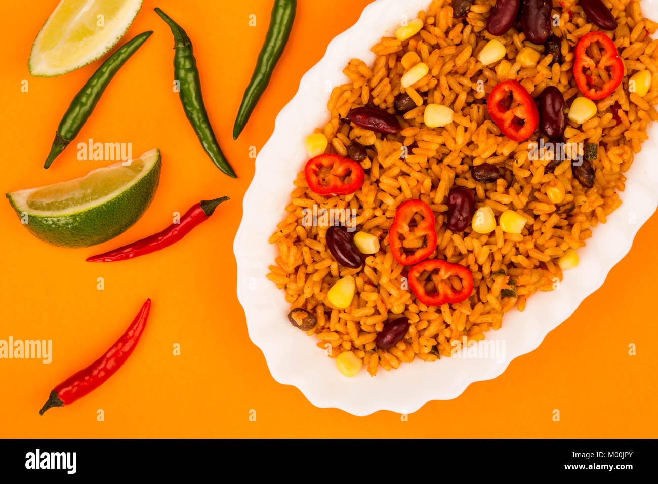 Mexican Style Spicy Rice With Kidney Beans and Red Chillies Against An