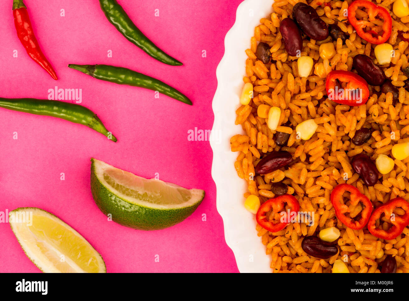 Mexican Style Spicy Rice With Kidney Beans and Red Chillies Against A