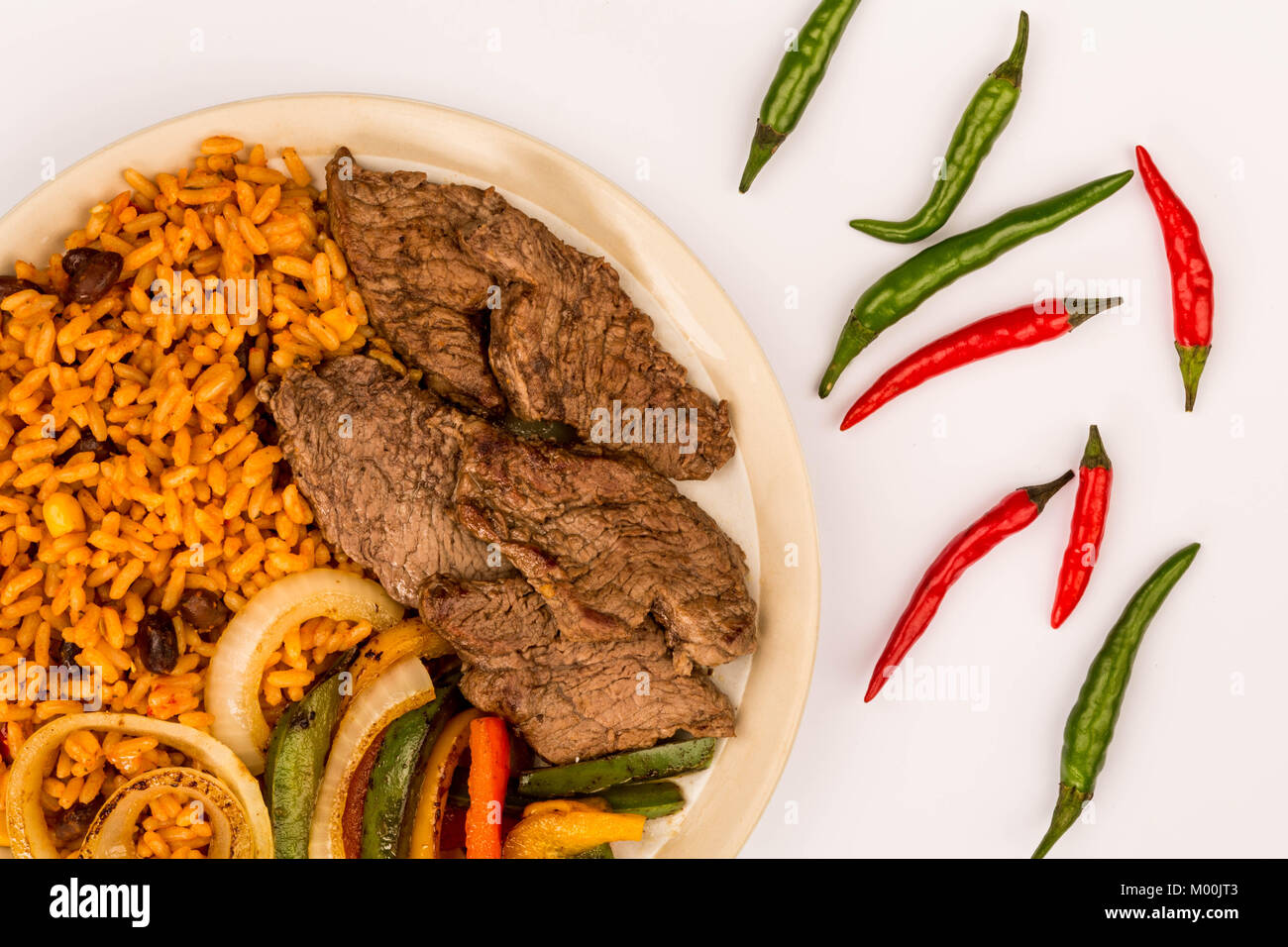 Mexican Style Steak Fajitas With Spicy Rice and Peppers Isolated