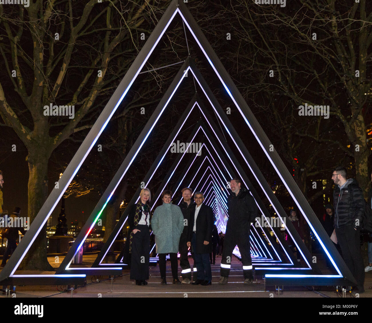 London, UK. 17th Jan 2018. Lumiere London 2018 Lights festival. The Mayor of London, UK. Sadiq Khan, with Director of Artichoke CEO and Lumiere London Artistic Director Helen Marriage, Deputy Mayor of Culture and Creative Industries Justine Simons, and artist Kasper Rasmussen, alongside artwork The Wave by Vertigo. Lumiere London is a light festival that presents an array of public art work and light installations across the capital. Credit: Imageplotter News and Sports/Alamy Live News Stock Photo