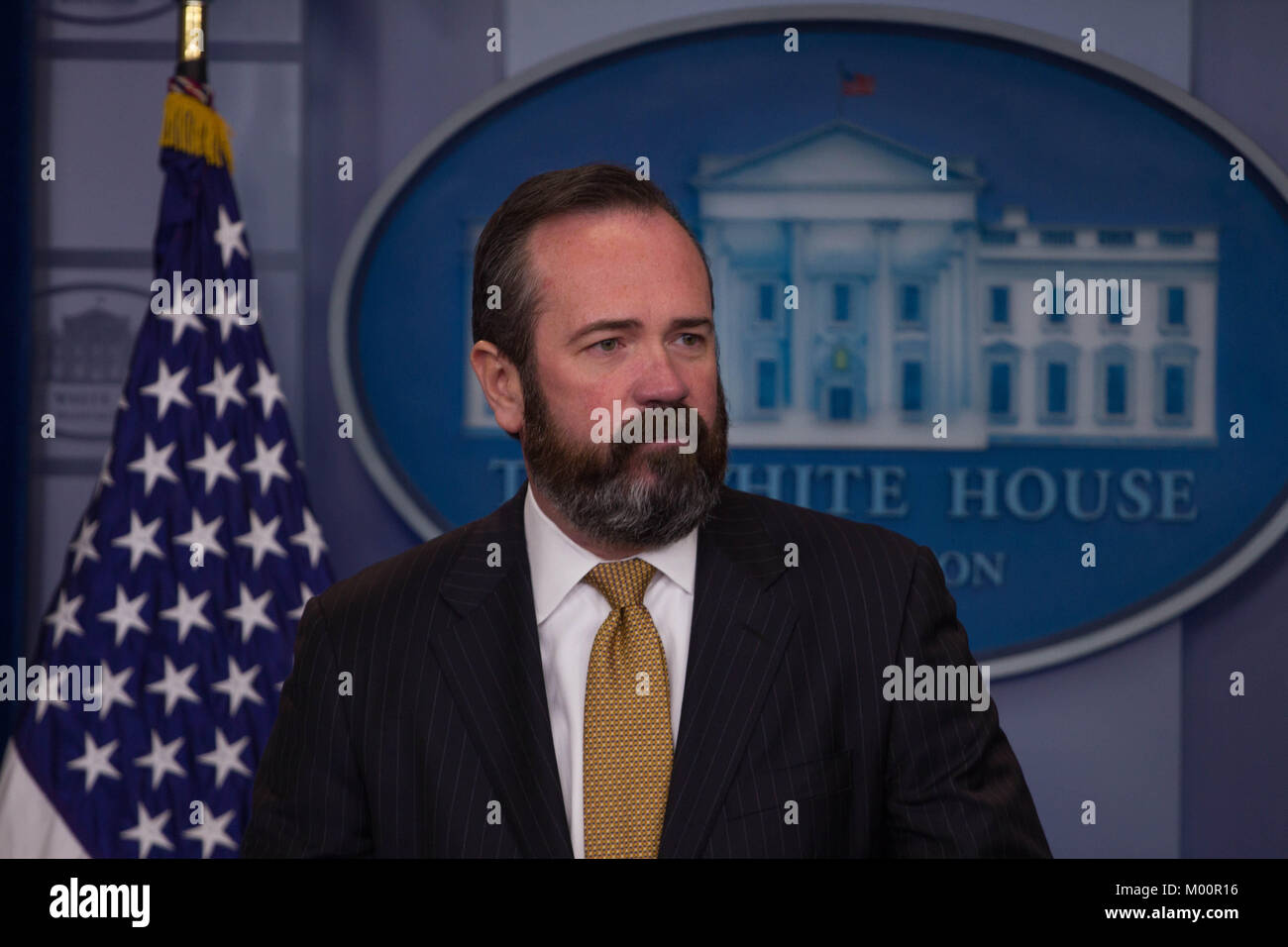 Washington, United States. 17th Jan, 2018. Department of Justice principal deputy assistant attorney general Ed O'Callaghan takes questions at the White House from reporters about the DOJ's joint report with the Department of Homeland Security on security threats, Wednesday, January 17, 2018. Credit: Michael Candelori/Alamy Live News Stock Photo