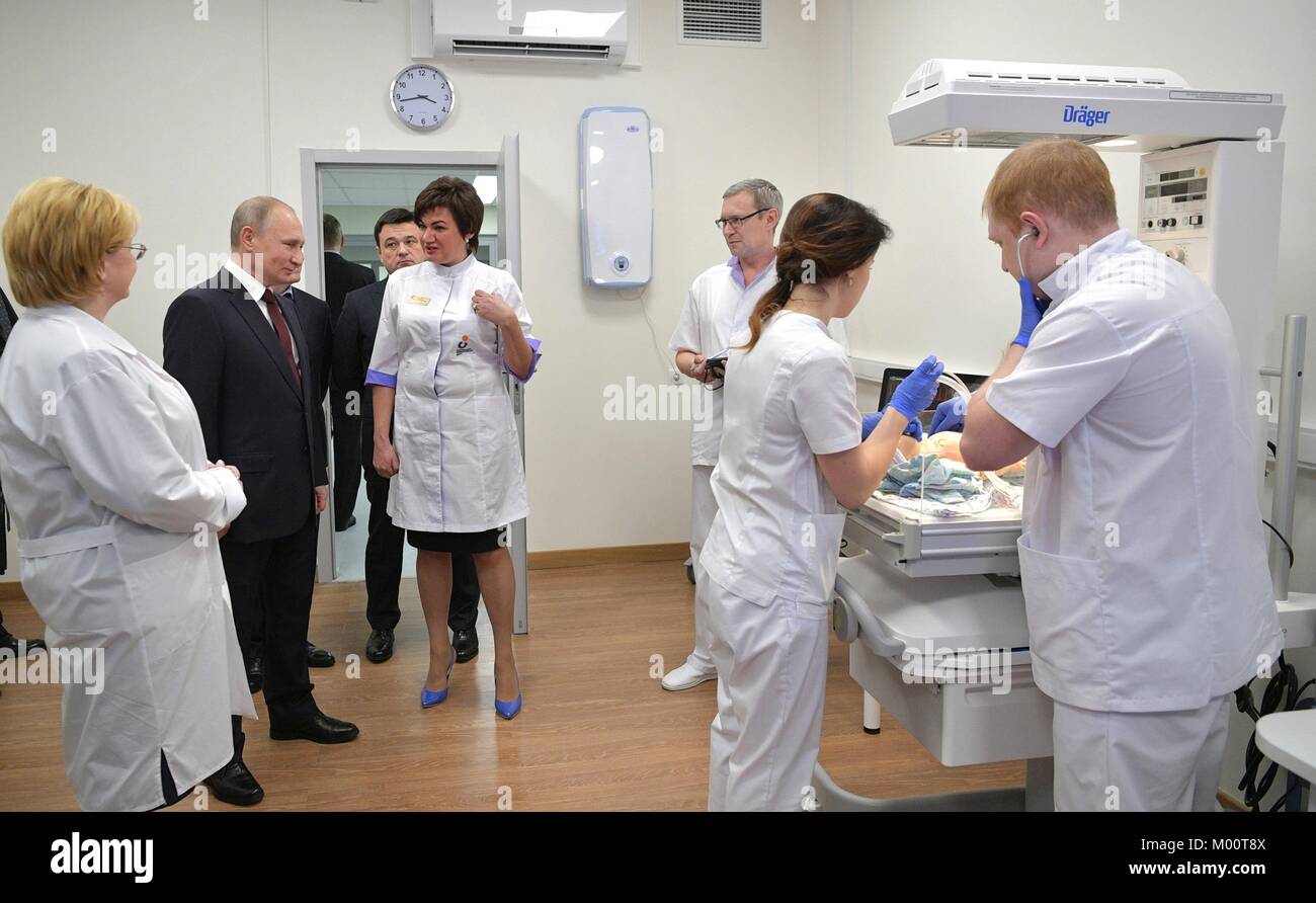 Kolomna, Russia. 17th Jan, 2018. Russian President Vladimir Putin is given a tour of the Perinatal Center January 17, 2018 in Kolomna, Russia. Putin visited the historic town to encourage rural development while preserving the unique character of traditional towns. Credit: Planetpix/Alamy Live News Stock Photo
