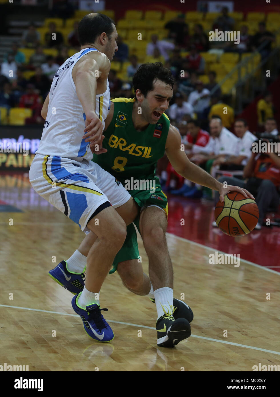 Caracas, Distrito Capital, Venezuela. 2nd Sep, 2013. September 01, 2013. The player Vitor Benitez (d), from Brazil, disputes the ball with Nicol''¡s Mazzarino (i), from Uruguay, during the match of the first phase of the FIBA Americas Basketball pre World Cup 2013, in Caracas, Venezuela. Photo: Juan Carlos Hernandez Credit: Juan Carlos Hernandez/ZUMA Wire/Alamy Live News Stock Photo