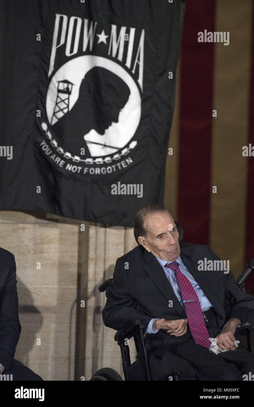 January 17, 2018 - Washington, District of Columbia, United States of America - Former United States Senator Bob Dole (Republican of Kansas) listens to remarks at a Congressional Gold Medal ceremony in his honor that was also attended by US President Donald J. Trump in the Rotunda of the US Capitol on Wednesday, January 17, 2017. Congress commissioned gold medals as its highest expression of national appreciation for distinguished achievements and contributions. Dole served in Congress from 1961 through 1996, was the Senate GOP leader from 1985 through 1996, and was the 1996 Republican Party Stock Photo