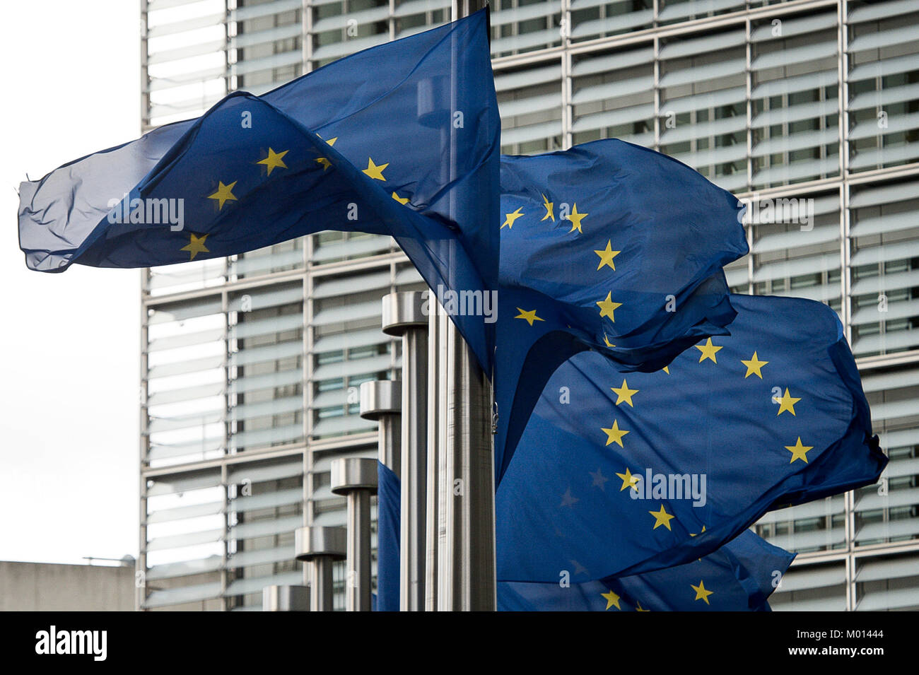 Brussels, Belgium. 18th Jan, 2018. EU Flags wave in front of European Commission headquarters building in Brussels, Belgium on 18.01.2018 by Wiktor Dabkowski | usage worldwide Credit: dpa/Alamy Live News Stock Photo